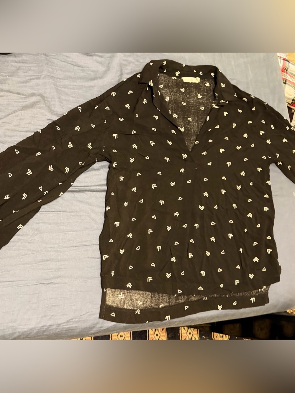 Lush Black Button-Up Blouse with White Arrow Print